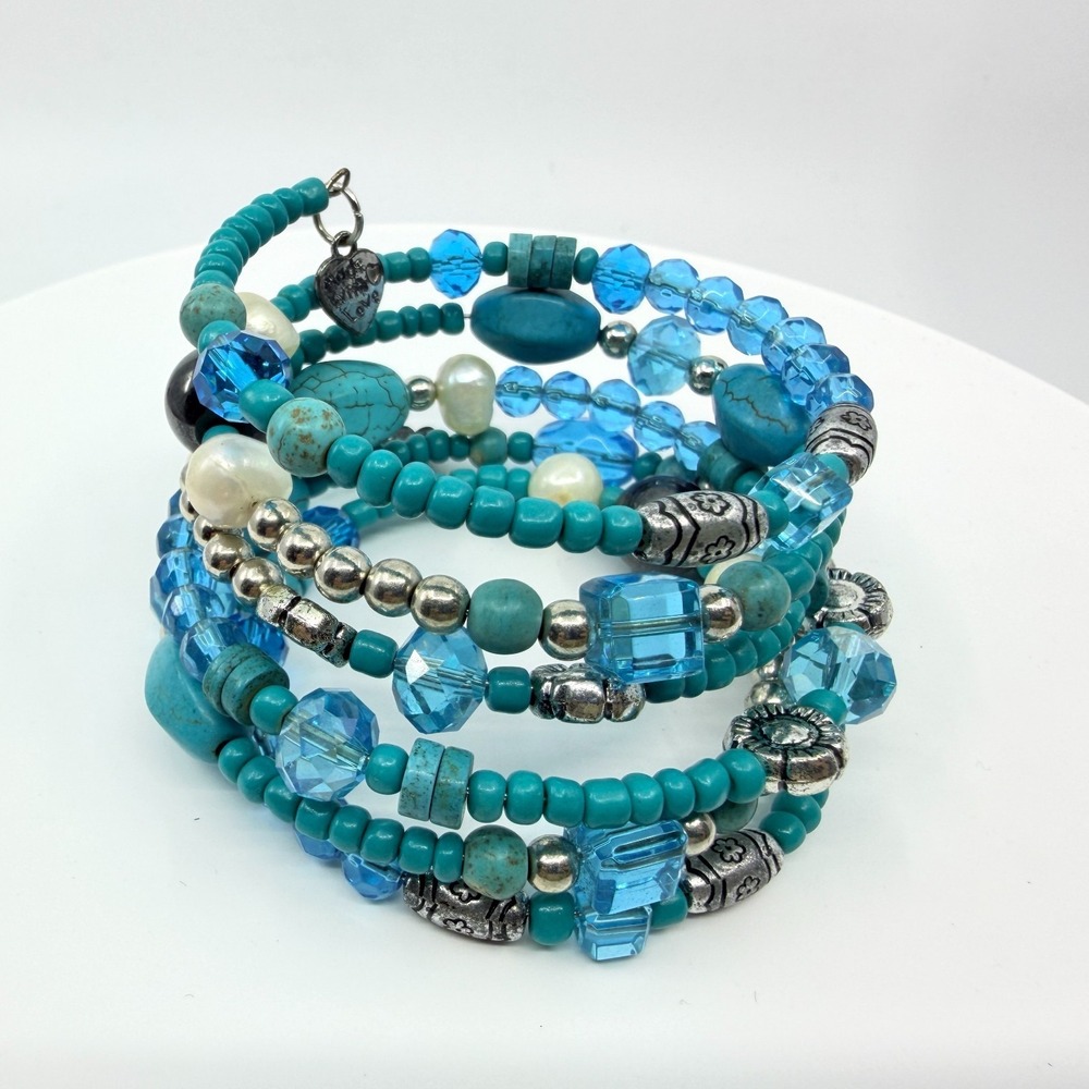 Vintage Faux Turquoise Multi-Layer Crystal Bead Wrap Bracelet